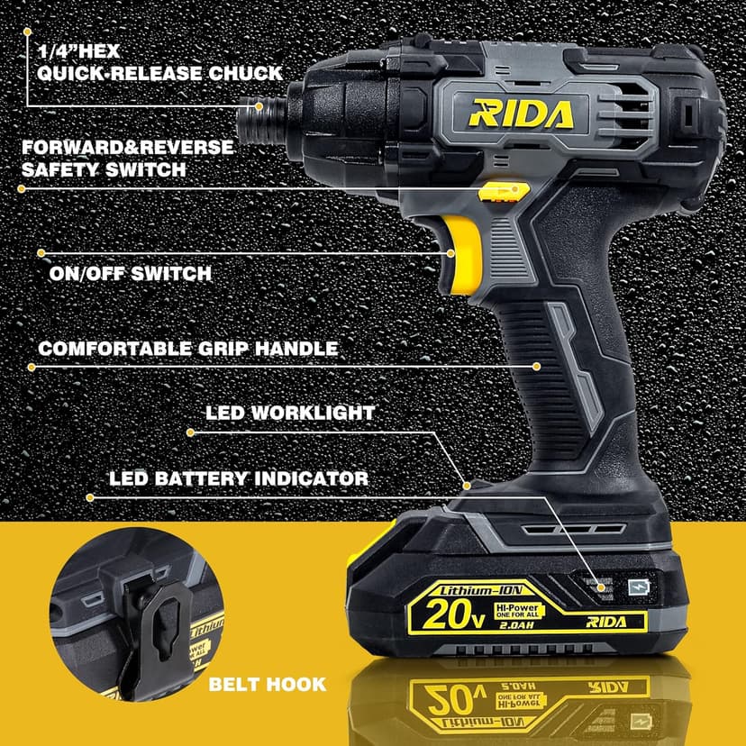 RIDA Impact Driver Kit 180Nm 20V Cordless Impact Drill/Driver Set 1/4" All-Metal Hex Chuck 0-2800RPM Variable Speed, 2000mAh Lithium-ion Battery & 1H Fast Charger, 25 Pcs Driver Bits and Tool Bag
