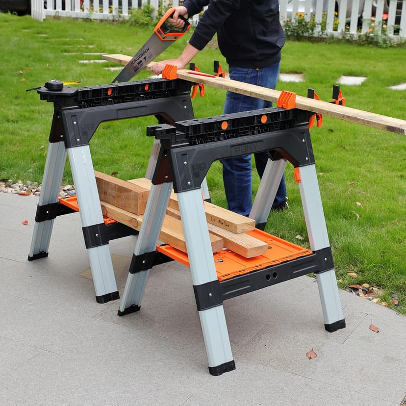 PONY 2-Pack Clamping Sawhorses, 1200 LBS Load Capacity, 30-3/4" Folding Sawhorse with 12” F Clamps, Bench Dogs, Angle Clamps, 2" Spring Clamps, Steel Legs, Heavy Duty for Woodworking