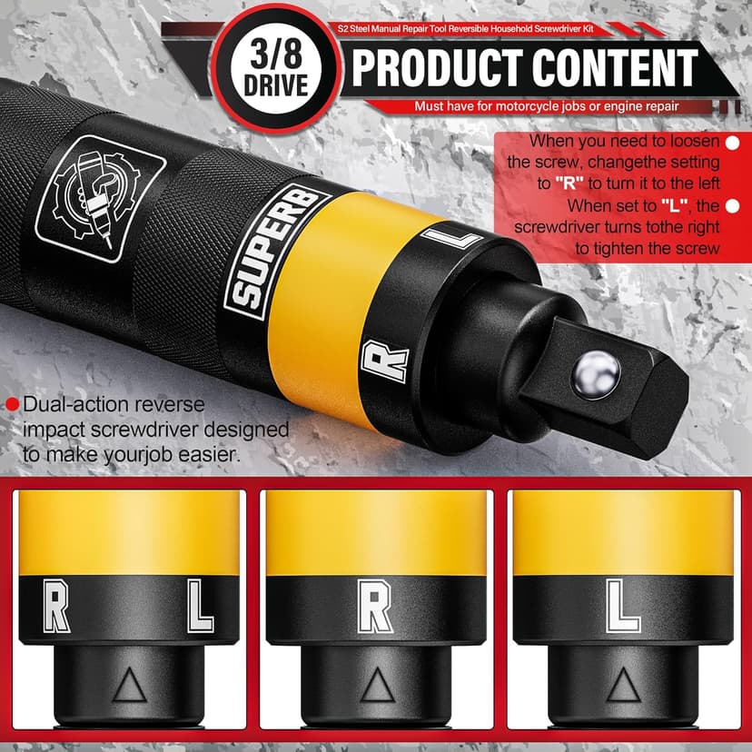 3/8" Hand Reversible Impact Driver Set, Manual Impact Screwdriver Kit, for Removing Damaged, Rusted Screw Bolt & Fasteners, 13PCS