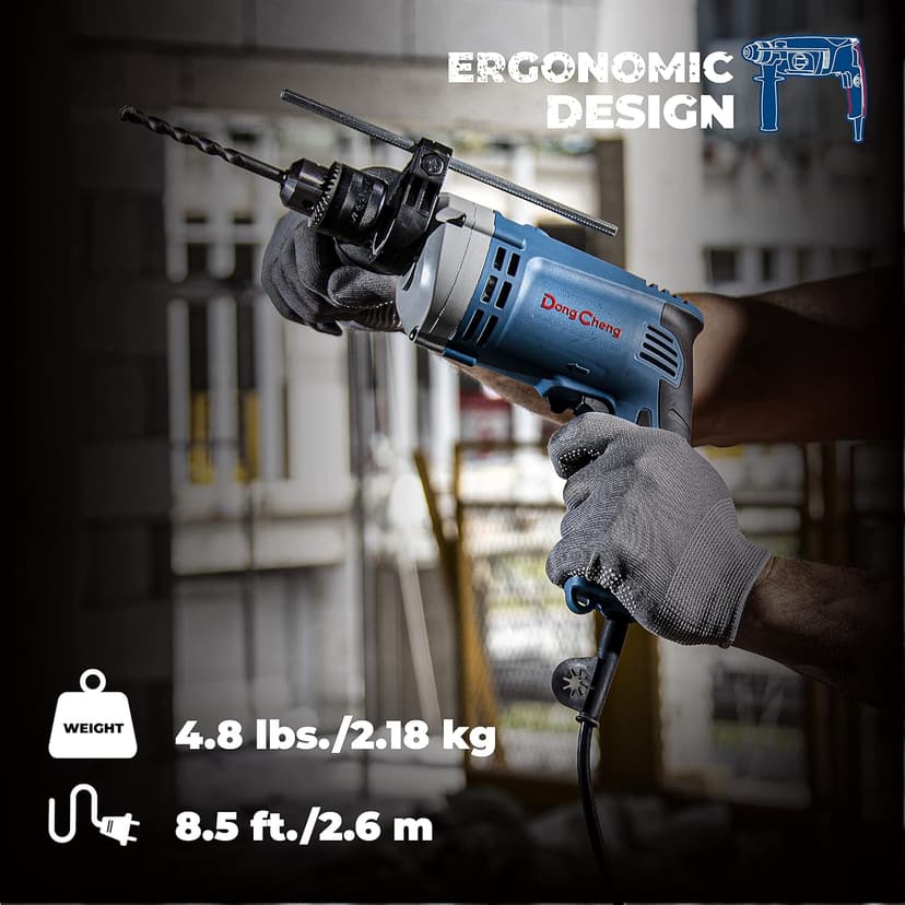 DongCheng Hammer Drill 6A,1/2 Inch Keyed Chuck, 0-3000 RPM/45000 BPM Impact Drill with 15PCS Drilling Bits for Brick Wall, Metal & Wood, DZJ05-13