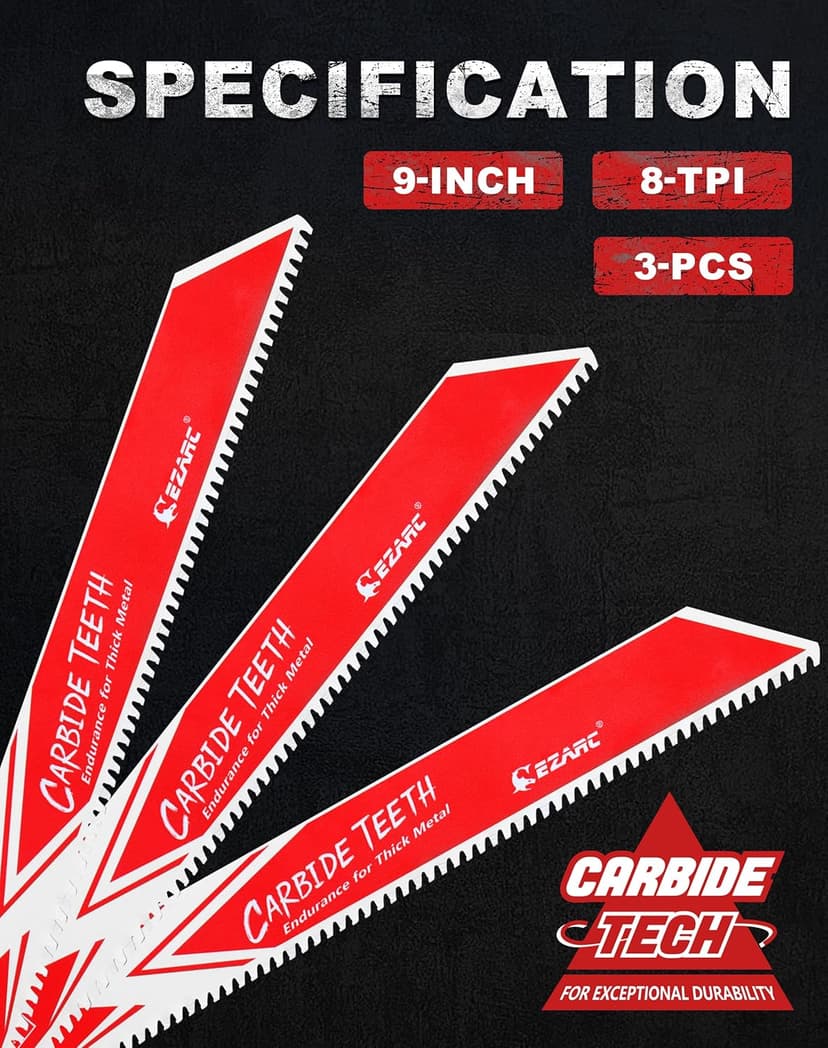 EZARC Carbide Reciprocating Saw Blade R978HM Endurance for Thick Metal, Cast Iron, Alloy Steel 9-Inch 8TPI, 3-Pack