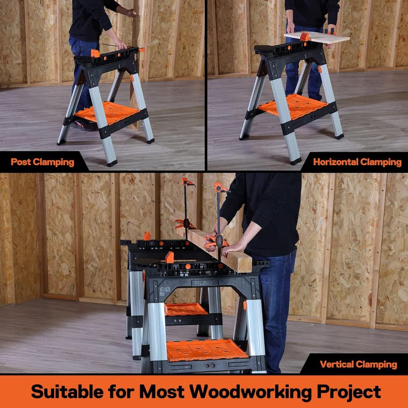 PONY 2-Pack Clamping Sawhorses, 1200 LBS Load Capacity, 30-3/4" Folding Sawhorse with 12” F Clamps, Bench Dogs, Angle Clamps, 2" Spring Clamps, Steel Legs, Heavy Duty for Woodworking