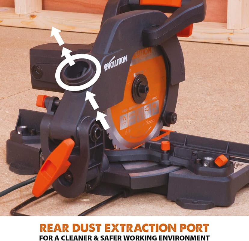 Evolution Power Tools R210CMS Compound Miter Saw, 8-1/4" Multi-Material Cutting TCT Blade Included Cuts Wood Metal Plastic & More, 45° - 45° Degree Miter & 45˚ Degree Bevel Angles, 1200W, 8-1/4"