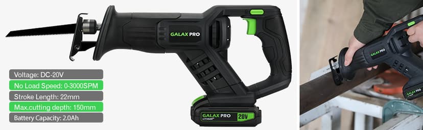 GALAX PRO Cordless Reciprocating Saw with 20V 2.0Ah battery, 0-3000RPM Variable Speed Power Reciprocating Saws with 7/8" Stroke Length,5pcs Zallsaw Blade for thin wooden board, soft metal Cutting