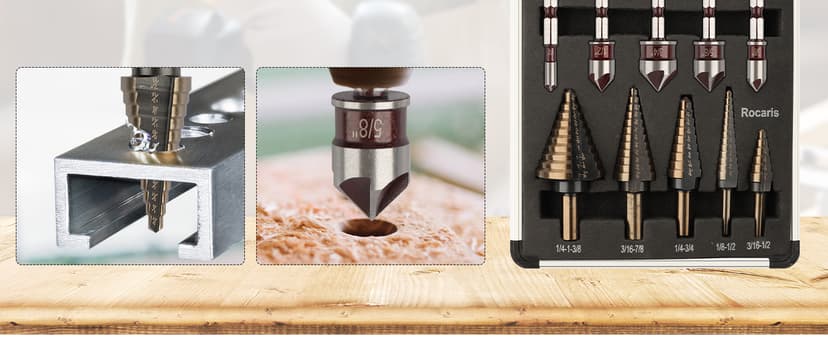 Rocaris 5 Pack Step Drill Bit & 5 Pack Countersink Drill Bit Set, Titanium Coated, 50 Sizes of Step Bit for Metal with Aluminum Case, Multiple Hole Stepped Up Bits for DIY