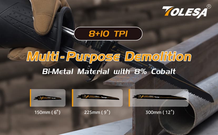 TOLESA Metal Wood Demolition Reciprocating Saw Blades 12 Inch 8+10TPI Sawzall Blades for Steel Pipe Cutting, Drywall, Chipboard, Glass Fiber-Reinforce Plastic and Composite Materials Demolition 5 Pack