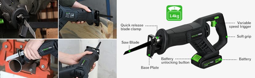 GALAX PRO Cordless Reciprocating Saw with 20V 2.0Ah battery, 0-3000RPM Variable Speed Power Reciprocating Saws with 7/8" Stroke Length,5pcs Zallsaw Blade for thin wooden board, soft metal Cutting