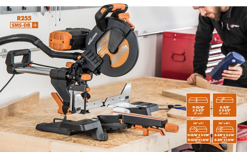 Evolution Power Tools R255SMS-DB+ 10-Inch Dual Bevel Sliding Miter Saw Multi-Material, Multipurpose Cutting Cuts Metal, Plastic, Wood 45˚-45˚ Double Bevel & 50˚-50˚ Miter TCT Blade Included