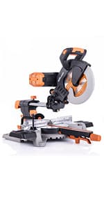 Evolution Power Tools R255SMS+ PLUS 10-Inch Sliding Miter Saw Plus Multi-Material Multi-Purpose Cutting Cuts Metal, Plastic, Wood & More 0˚ - 45˚ Bevel & 50˚ - 50˚ Miter Angles TCT Blade Included