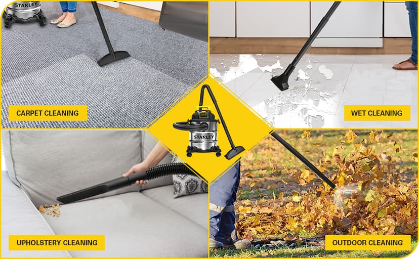 STANLEY SL18116 Wet/Dry Vacuum, 6 Gallon, 4 Horsepower, Stainless Steel Tank, 4.0 HP, Silver+Yellow