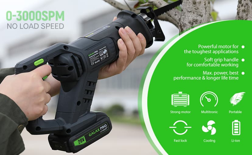 GALAX PRO Cordless Reciprocating Saw with 20V 2.0Ah battery, 0-3000RPM Variable Speed Power Reciprocating Saws with 7/8" Stroke Length,5pcs Zallsaw Blade for thin wooden board, soft metal Cutting