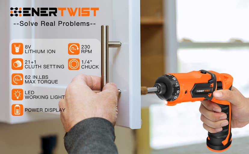 ENERTWIST Cordless Screwdriver, 8V Max 10Nm Electric Screwdriver Rechargeable Set with 82 Accessory Kit and Charger in Carrying Case, 21+1 Cluth, Dual Position Handle, LED Light, ET-CS-8