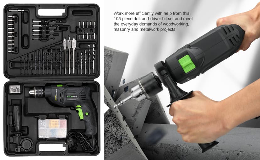 GALAX PRO 5Amp 1/2-inch Hammer Drill with 105pcs Accessories, Variable Speed 0-3000, Hammer and Drill 2 Functions in 1, 360°Rotating Handle, Depth Gauge, Carrying Case Included