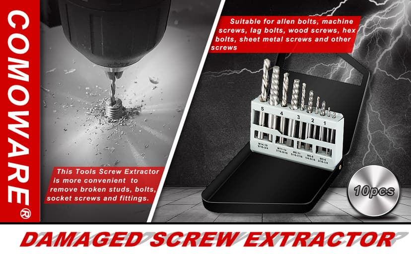 COMOWARE 10pcs Screw Extractor & Left Hand Drill Bit Set, HSS M2, 118° Split Point, 5pcs Left Handed Drill Bits (5/64" - 19/64") & 5pcs Easy Out Screw Extractor Set (#1 - #5), with Index Case