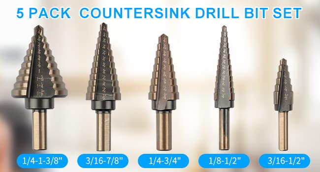 Rocaris 5 Pack Step Drill Bit & 5 Pack Countersink Drill Bit Set, Titanium Coated, 50 Sizes of Step Bit for Metal with Aluminum Case, Multiple Hole Stepped Up Bits for DIY