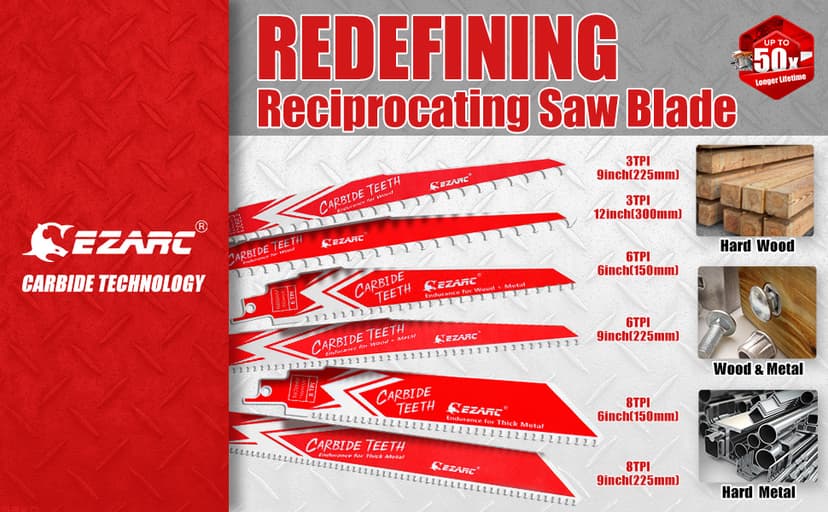 EZARC Carbide Reciprocating Saw Blade R956HM Endurance for Hard Wood and Metal Demolition 9-Inch 6TPI, 3-Pack