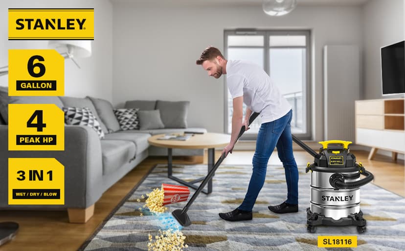 STANLEY SL18116 Wet/Dry Vacuum, 6 Gallon, 4 Horsepower, Stainless Steel Tank, 4.0 HP, Silver+Yellow