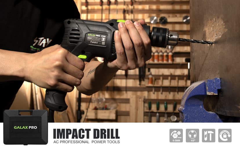 GALAX PRO 5Amp 1/2-inch Hammer Drill with 105pcs Accessories, Variable Speed 0-3000, Hammer and Drill 2 Functions in 1, 360°Rotating Handle, Depth Gauge, Carrying Case Included