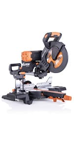 Evolution Power Tools R255SMS-DB+ 10-Inch Dual Bevel Sliding Miter Saw Multi-Material, Multipurpose Cutting Cuts Metal, Plastic, Wood 45˚-45˚ Double Bevel & 50˚-50˚ Miter TCT Blade Included