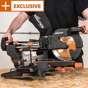 Evolution Power Tools R255SMS+ PLUS 10-Inch Sliding Miter Saw Plus Multi-Material Multi-Purpose Cutting Cuts Metal, Plastic, Wood & More 0˚ - 45˚ Bevel & 50˚ - 50˚ Miter Angles TCT Blade Included