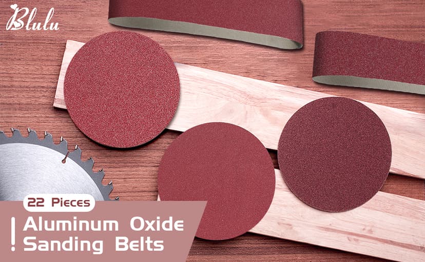 Blulu 22 Pieces Sanding Belts and Sanding Discs Set Includes 4 x 36 Inch Belts (80/120/150/240/400 Grits) and 6 Inch Self Adhesive No Hole Alumina Disc for Bench Combination Sander Woodworking
