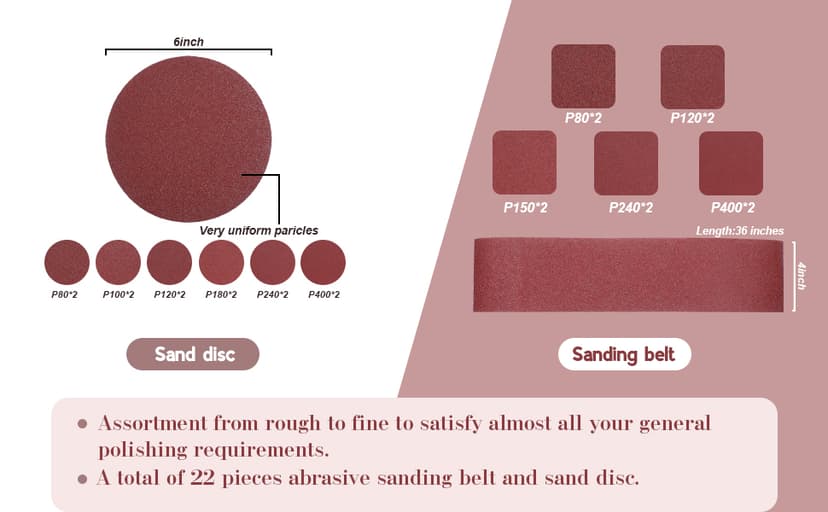 Blulu 22 Pieces Sanding Belts and Sanding Discs Set Includes 4 x 36 Inch Belts (80/120/150/240/400 Grits) and 6 Inch Self Adhesive No Hole Alumina Disc for Bench Combination Sander Woodworking