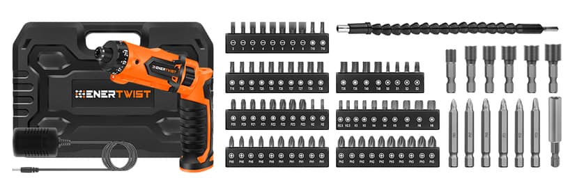 ENERTWIST Cordless Screwdriver, 8V Max 10Nm Electric Screwdriver Rechargeable Set with 82 Accessory Kit and Charger in Carrying Case, 21+1 Cluth, Dual Position Handle, LED Light, ET-CS-8