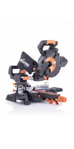 Evolution Power Tools R255SMS-DB+ 10-Inch Dual Bevel Sliding Miter Saw Multi-Material, Multipurpose Cutting Cuts Metal, Plastic, Wood 45˚-45˚ Double Bevel & 50˚-50˚ Miter TCT Blade Included