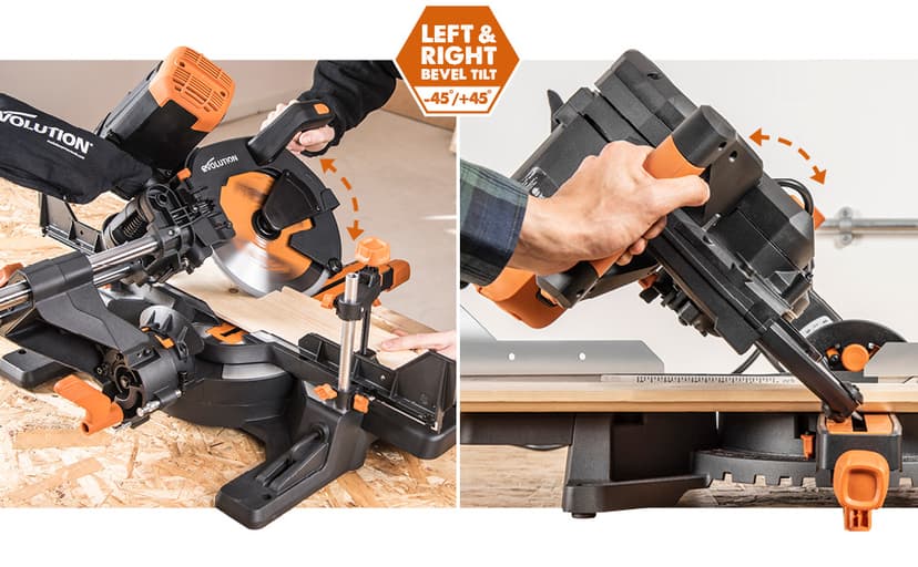 Evolution Power Tools R255SMS-DB+ 10-Inch Dual Bevel Sliding Miter Saw Multi-Material, Multipurpose Cutting Cuts Metal, Plastic, Wood 45˚-45˚ Double Bevel & 50˚-50˚ Miter TCT Blade Included