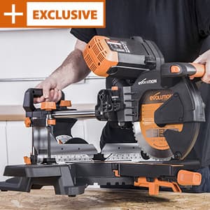 Evolution Power Tools R255SMS-DB+ 10-Inch Dual Bevel Sliding Miter Saw Multi-Material, Multipurpose Cutting Cuts Metal, Plastic, Wood 45˚-45˚ Double Bevel & 50˚-50˚ Miter TCT Blade Included