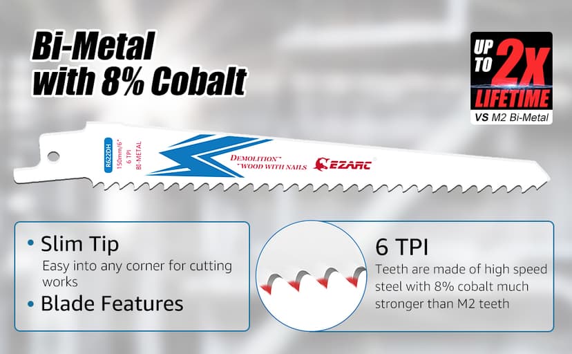 EZARC Reciprocating Saw Blade Bi-Metal Cobalt Sabre Saw Blades for Wood Demolition 9-Inch 6TPI R922DH (5-Pack)