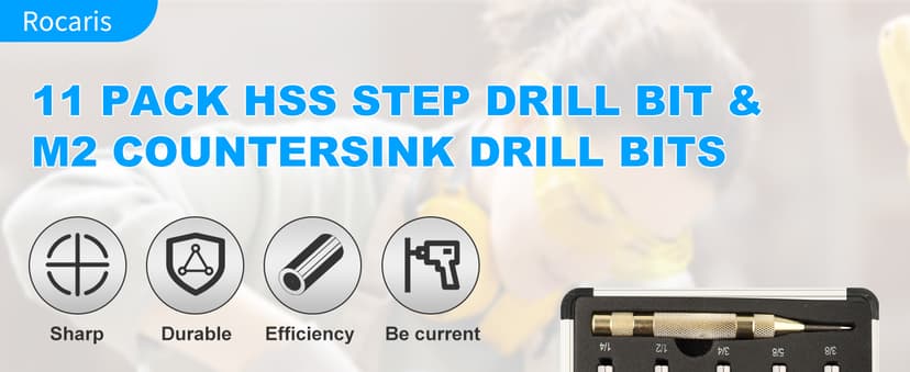 Rocaris 5 Pack Step Drill Bit & 5 Pack Countersink Drill Bit Set, Titanium Coated, 50 Sizes of Step Bit for Metal with Aluminum Case, Multiple Hole Stepped Up Bits for DIY