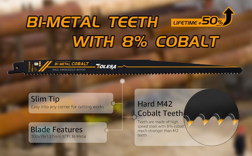 TOLESA Nail Embedded Wood Reciprocating Saw Blades for Window Door Demolition and Construction Wood Cutting 12 Inch 6TPI Bi-Metal Teeth with Cobalt Sharp Cutting 5 Pack