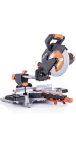 Evolution Power Tools R255SMS-DB+ 10-Inch Dual Bevel Sliding Miter Saw Multi-Material, Multipurpose Cutting Cuts Metal, Plastic, Wood 45˚-45˚ Double Bevel & 50˚-50˚ Miter TCT Blade Included