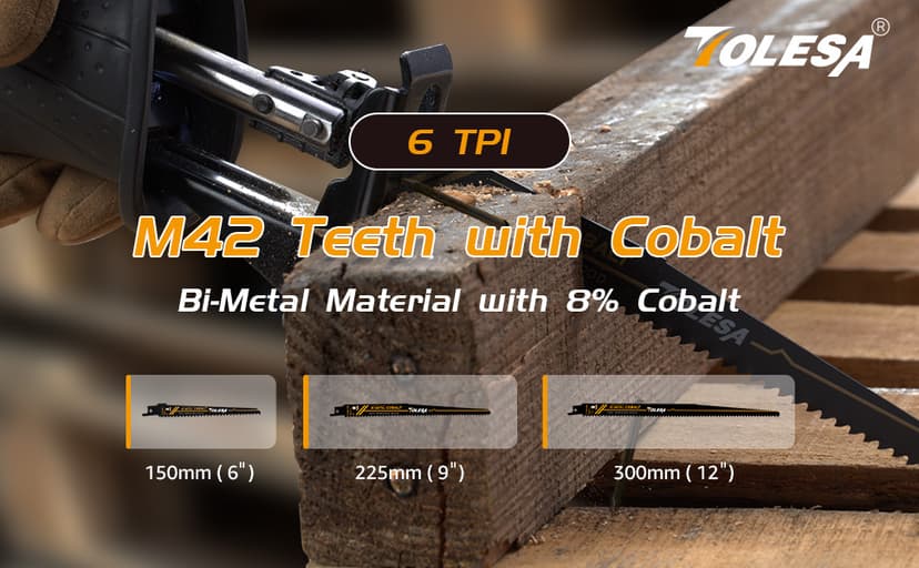 TOLESA Nail Embedded Wood Reciprocating Saw Blades for Window Door Demolition and Construction Wood Cutting 12 Inch 6TPI Bi-Metal Teeth with Cobalt Sharp Cutting 5 Pack