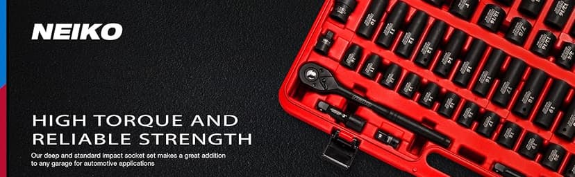 NEIKO 02448A 1/2" Drive Master Impact Socket Set, 65 Piece, Standard SAE (3/8"-1-1/4") & Metric (10-24 mm) Sizes, Deep & Shallow Kit, Includes Adapters & Ratchet Handle