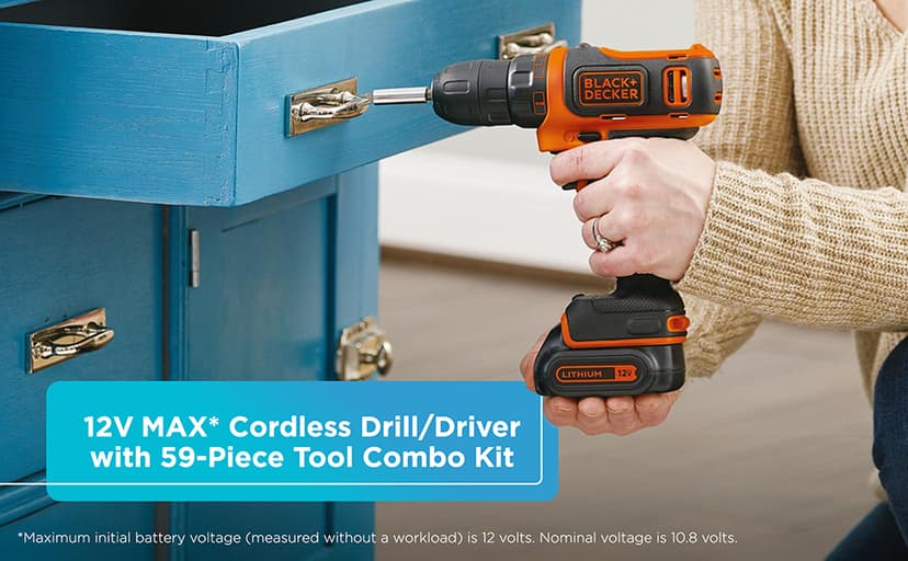 BLACK+DECKER 12V MAX Drill & Home Tool Kit, 60-Piece (BDCDD12PK)