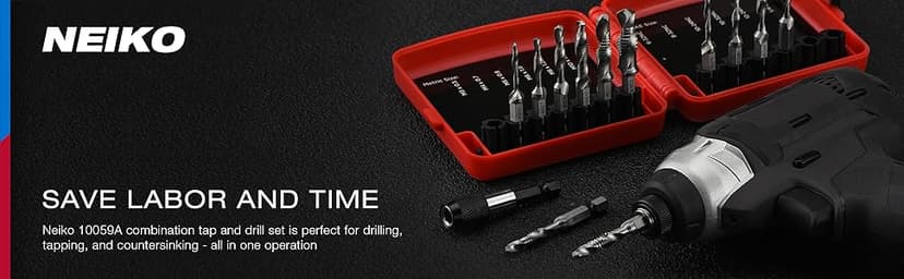 NEIKO 10059A Combination Drill and Tap Bit Set with Quick Change Adapter, 13 Piece, SAE (6-32NC to 1/4-20NC) and Metric Drill Bit Set (M3 to M10), Metric Tap Set