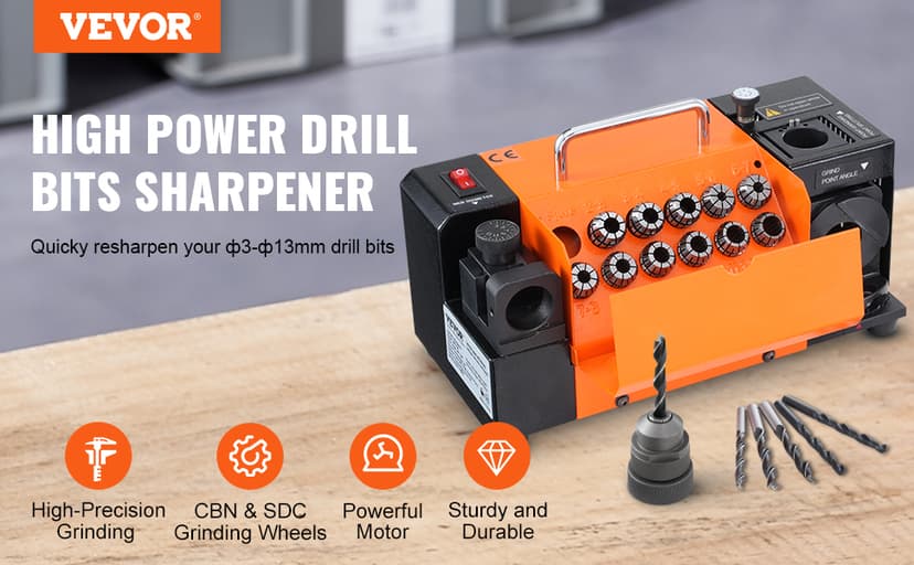 VEVOR Drill Bits Sharpener, 3-13mm Drill Bits Grinder Sharpener, Lip Relief Angle & 95°-135° Point Angle Adjustable Drill Bit Re-Sharpener, Portable Sharpening Machine with 11 Collets, CBN & SDC Wheel