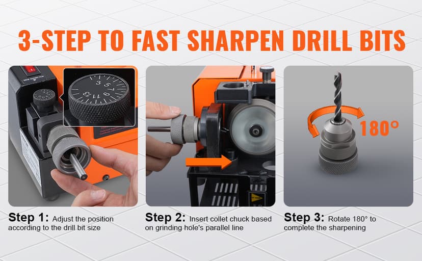 VEVOR Drill Bits Sharpener, 3-13mm Drill Bits Grinder Sharpener, Lip Relief Angle & 95°-135° Point Angle Adjustable Drill Bit Re-Sharpener, Portable Sharpening Machine with 11 Collets, CBN & SDC Wheel