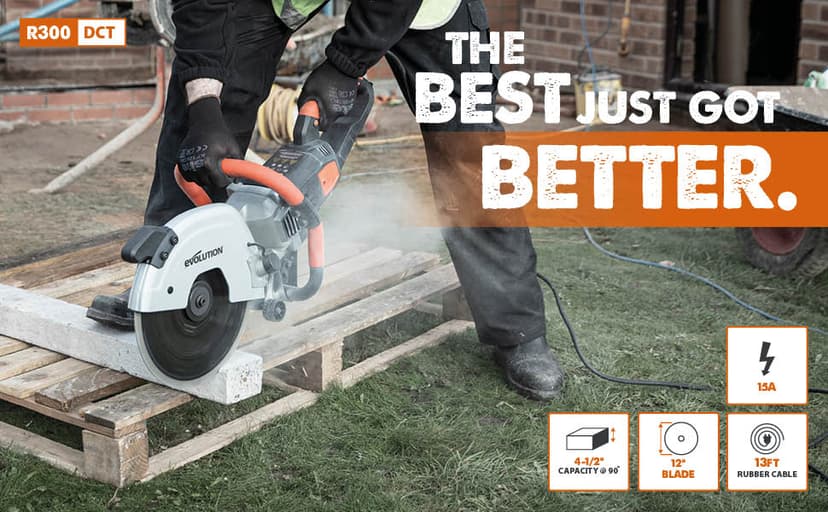 Evolution Power Tools R300DCT 12 inch Concrete Saw (Aka Circular Saw, Angle Grinder, Chop / Cut Off Saw, Demo Saw, Disc / Power Cutter) Electric Motor, No Gas - 4-1/2" Cut - Incl Diamond Masonry Blade