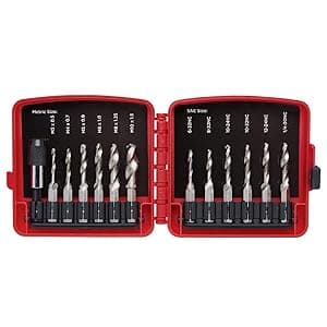 NEIKO 10059A Combination Drill and Tap Bit Set with Quick Change Adapter, 13 Piece, SAE (6-32NC to 1/4-20NC) and Metric Drill Bit Set (M3 to M10), Metric Tap Set
