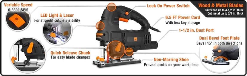 WEN 33606 6.6-Amp Variable Speed Orbital Jig Saw with Laser and LED Light,Black, Silver