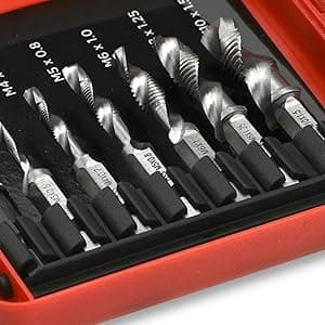 NEIKO 10059A Combination Drill and Tap Bit Set with Quick Change Adapter, 13 Piece, SAE (6-32NC to 1/4-20NC) and Metric Drill Bit Set (M3 to M10), Metric Tap Set