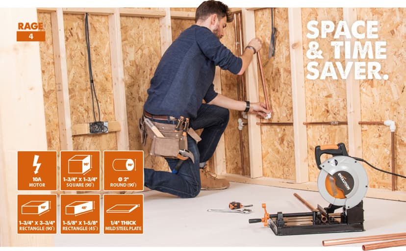 Evolution Power Tools RAGE4 7-1/4-Inch TCT Multipurpose Cutting Chop Saw, Orange