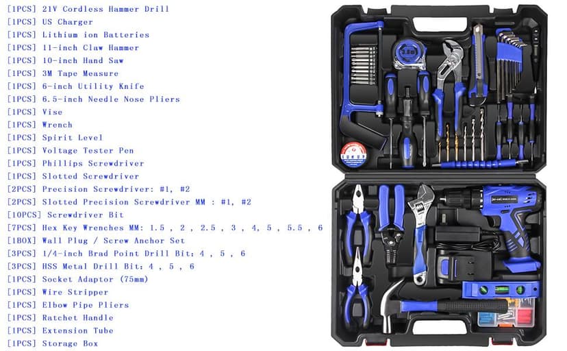 jar-owl 21V Tool Set with Drill, 350 in-lb Torque, 0-1350RMP Variable Speed, 10MM 3/8'' Keyless Chuck, 18+1 Clutch, 1.5Ah Li-Ion Battery & Charger for Home Tool Kit
