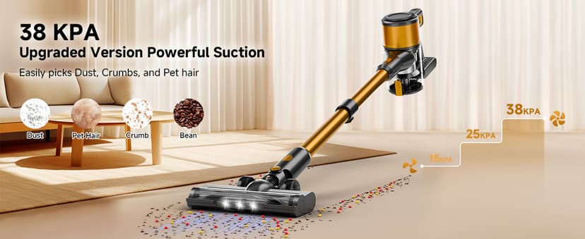 Cordless Vacuum Cleaner,55Mins/Powerful Vacuum Cleaners for Home,Stick Vacuums with 8 in 1,Touch Screen,LED Headlights, Anti-Tangle,Rechargeable,Lightweight for Carpet,Hard Floor, Pet Hair,Gold