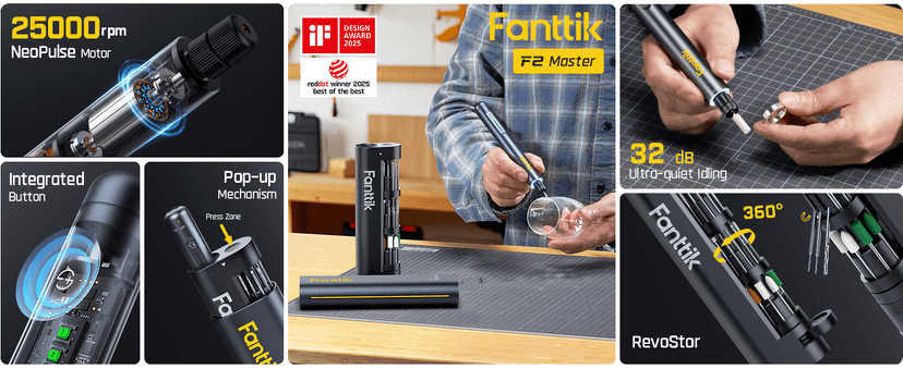 Fanttik F2 Master Mini Cordless Rotary Tool Kit, NeoPulse Motor, 5 Variable Speed, 25000 RPM, Revostor Hub, 35 Accessories, for 3D Printer Sanding, Polishing, Drilling, Carving, DIY Crafts