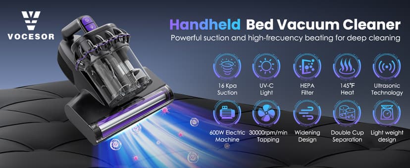 Mattress Vacuum Cleaner, 16Kpa Bed Vacuum Vleaner 253.7nm UV-C Light, 145°F Heat, HEPA Filter & Ultrasonic, Versatile Handheld Vacuums for Bed, Sofa, Couch, Crib (Corded,600W)