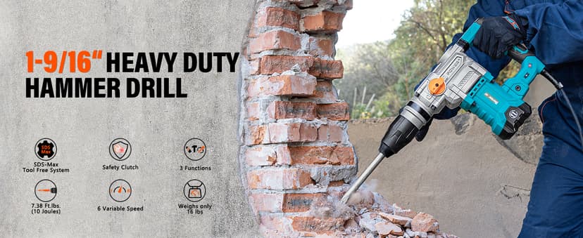 Berserker 1-9/16" SDS-Max Heavy Duty Rotary Hammer Drill with Vibration Control,Safety Clutch,13 Amp 3 Functions Demolition Rotomartillo for Concrete-Including 4 Drill Bits,2 Chisels,Carrying Case